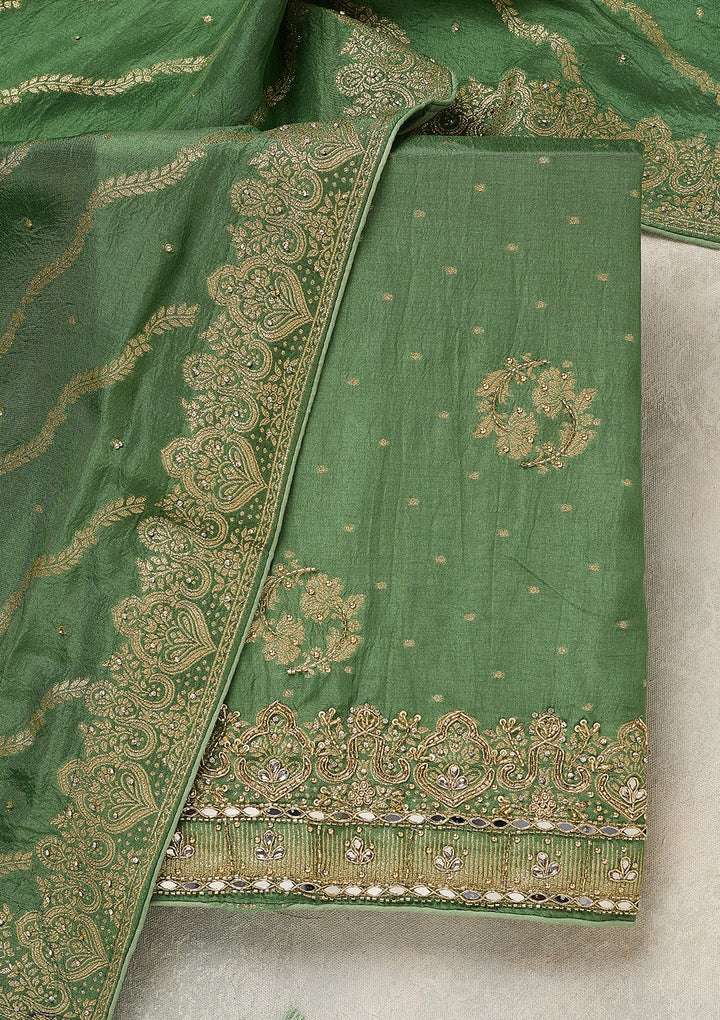 Pista Green Dola Silk Gold Stonework Unstitched Dress Material With Matching Bottom And Dupatta