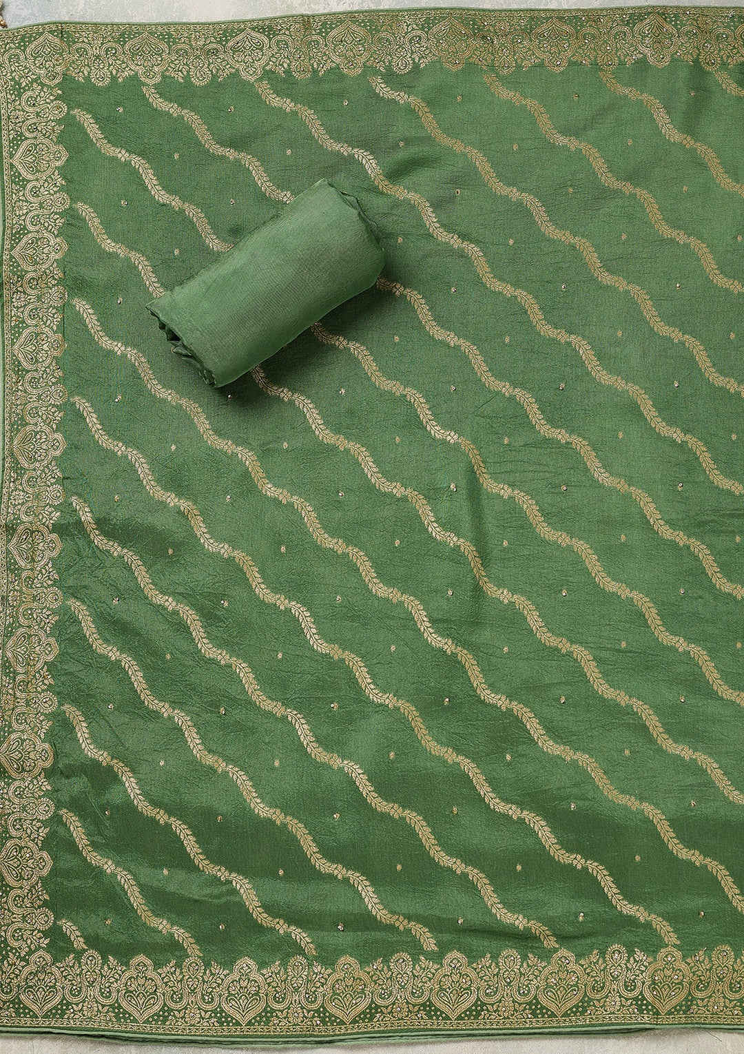 Pista Green Dola Silk Gold Stonework Unstitched Dress Material With Matching Bottom And Dupatta