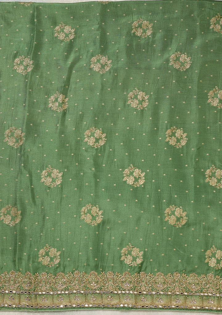 Pista Green Dola Silk Gold Stonework Unstitched Dress Material With Matching Bottom And Dupatta