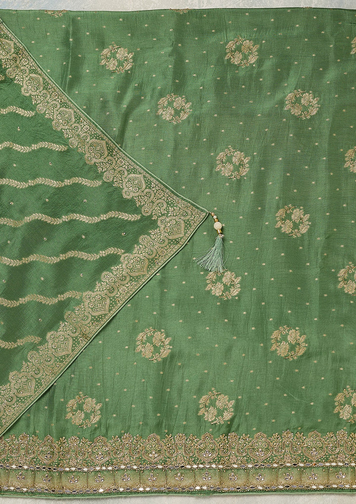 Pista Green Dola Silk Gold Stonework Unstitched Dress Material With Matching Bottom And Dupatta