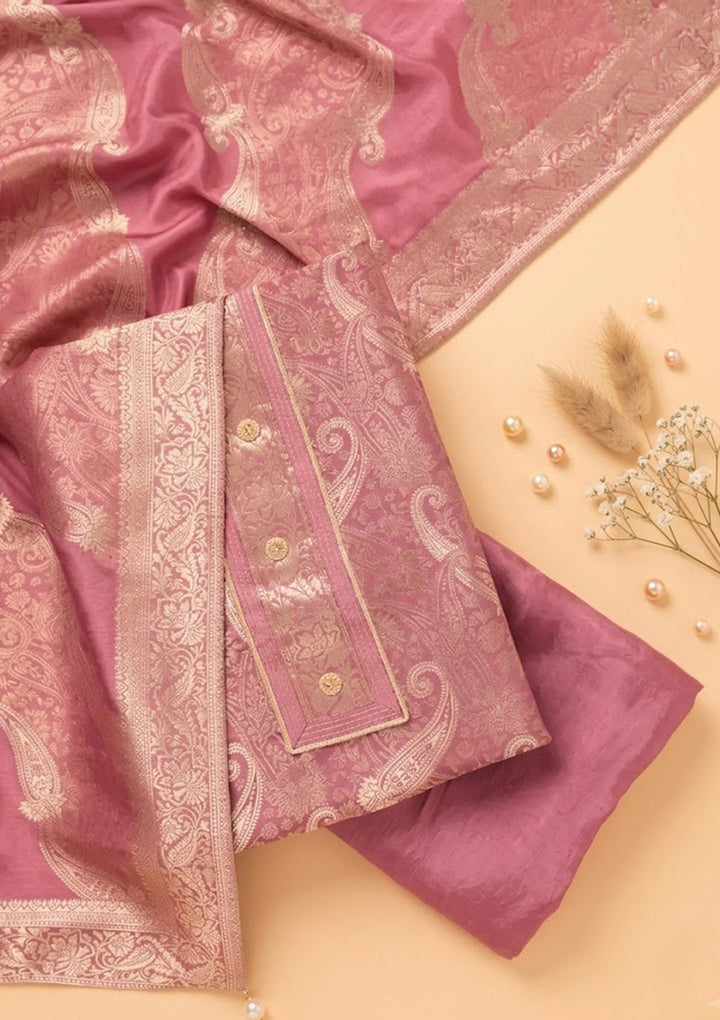 Onion Pink Zariwork (Gold) Dola Silk Unstitched Salwar Suit