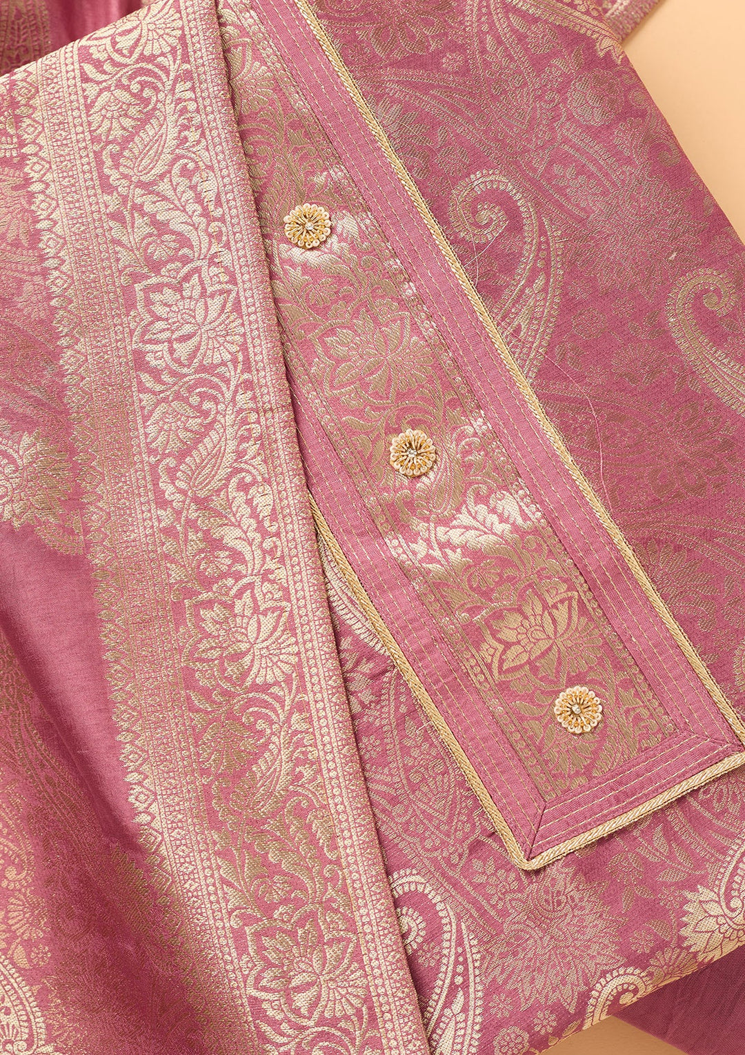 Onion Pink Zariwork (Gold) Dola Silk Unstitched Salwar Suit