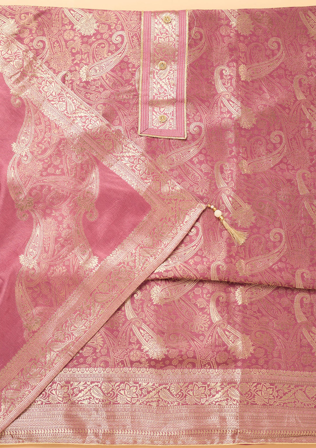 Onion Pink Zariwork (Gold) Dola Silk Unstitched Salwar Suit