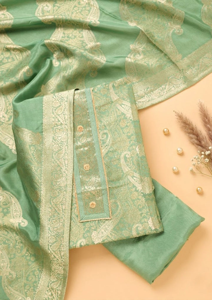 Pista Green Zariwork (Gold) Dola Silk Unstitched Salwar Suit