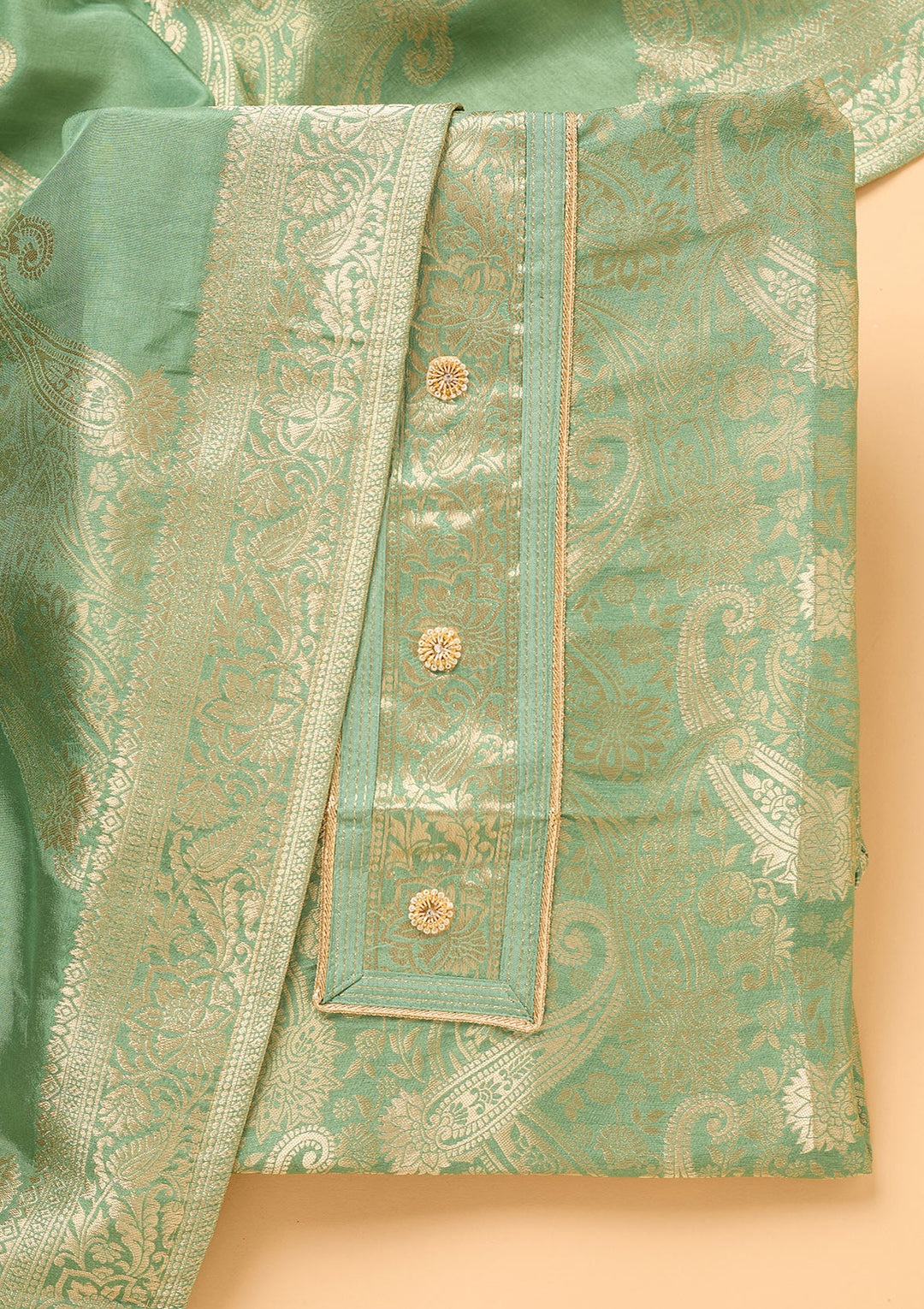 Pista Green Zariwork (Gold) Dola Silk Unstitched Salwar Suit