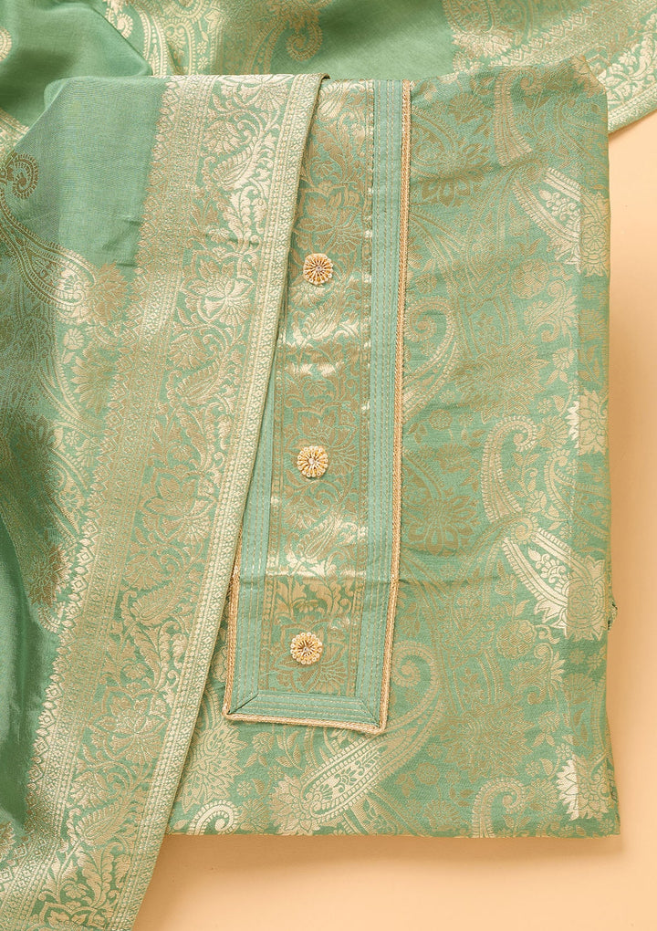 Pista Green Zariwork (Gold) Dola Silk Unstitched Salwar Suit