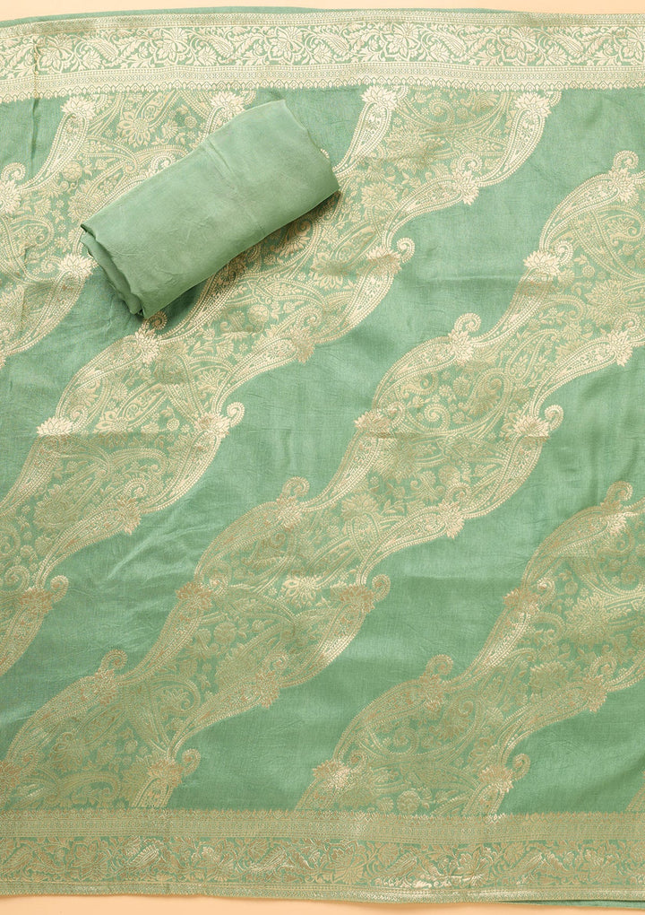 Pista Green Zariwork (Gold) Dola Silk Unstitched Salwar Suit