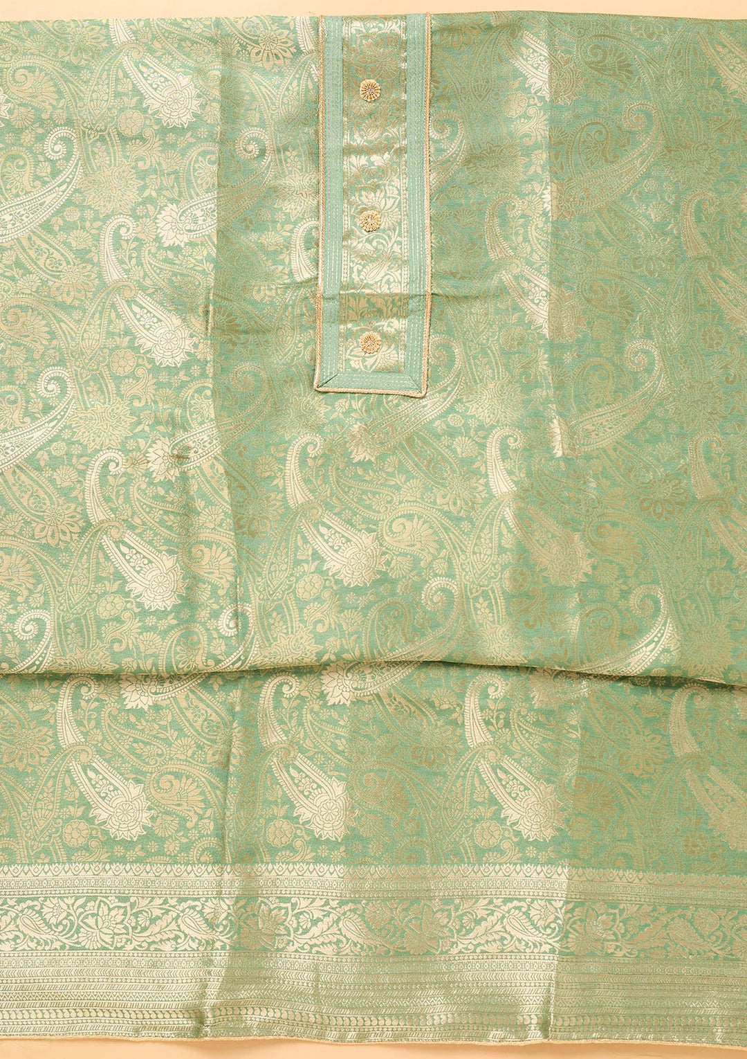 Pista Green Zariwork (Gold) Dola Silk Unstitched Salwar Suit