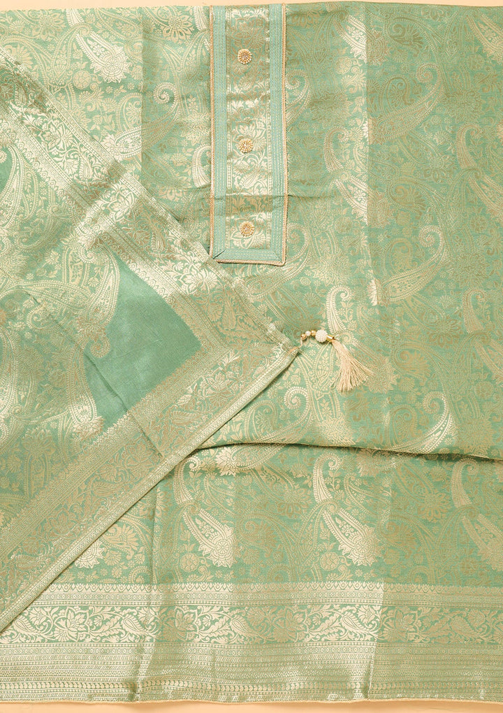 Pista Green Zariwork (Gold) Dola Silk Unstitched Salwar Suit