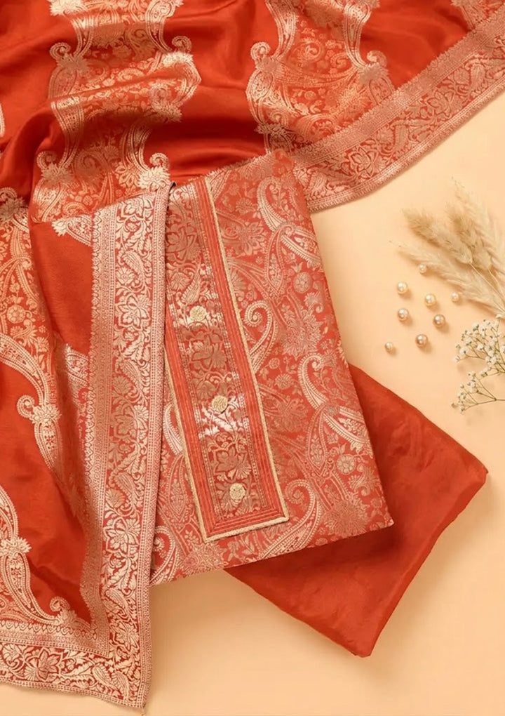 Rust Zariwork (Gold) Dola Silk Unstitched Salwar Suit