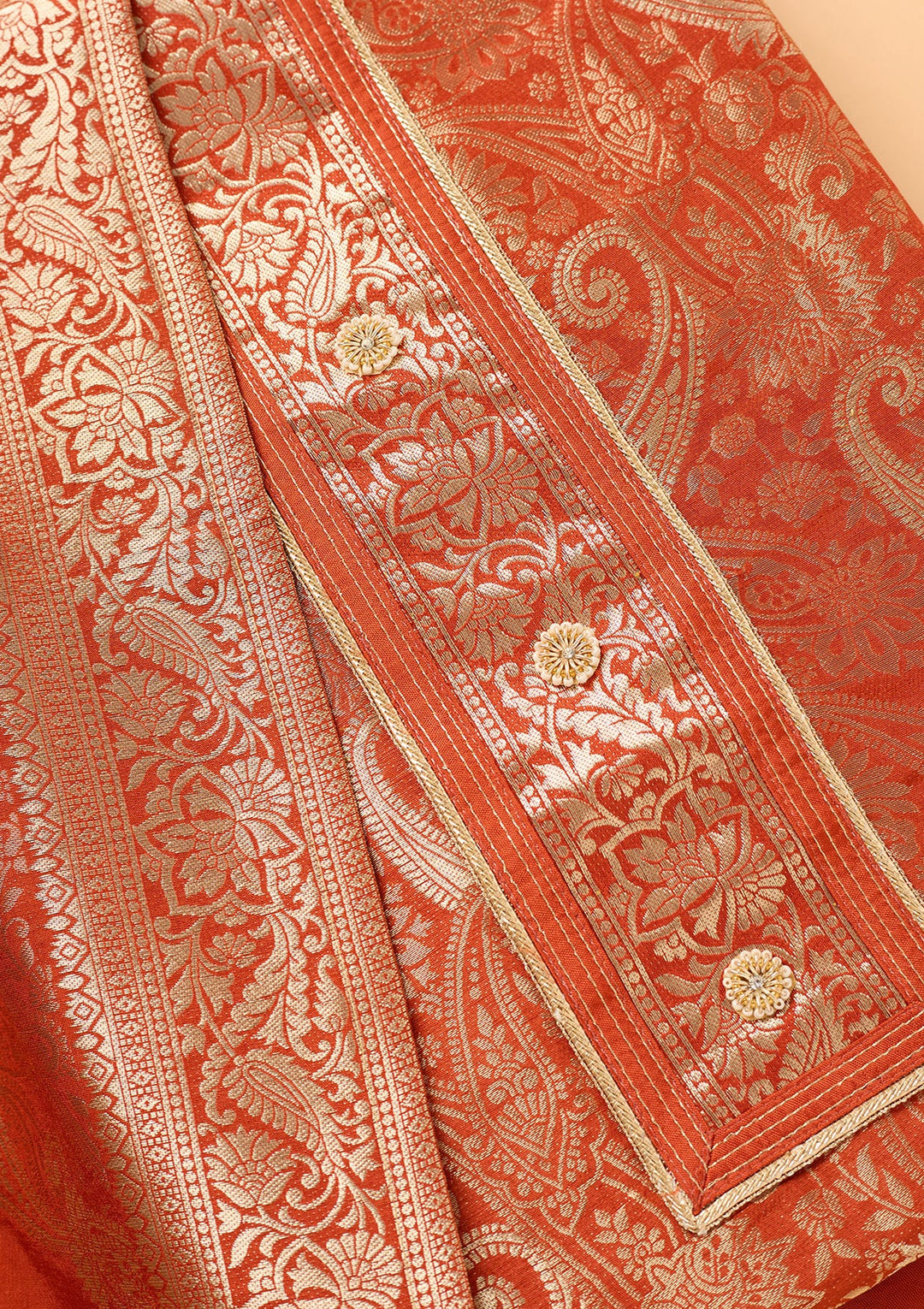 Rust Zariwork (Gold) Dola Silk Unstitched Salwar Suit