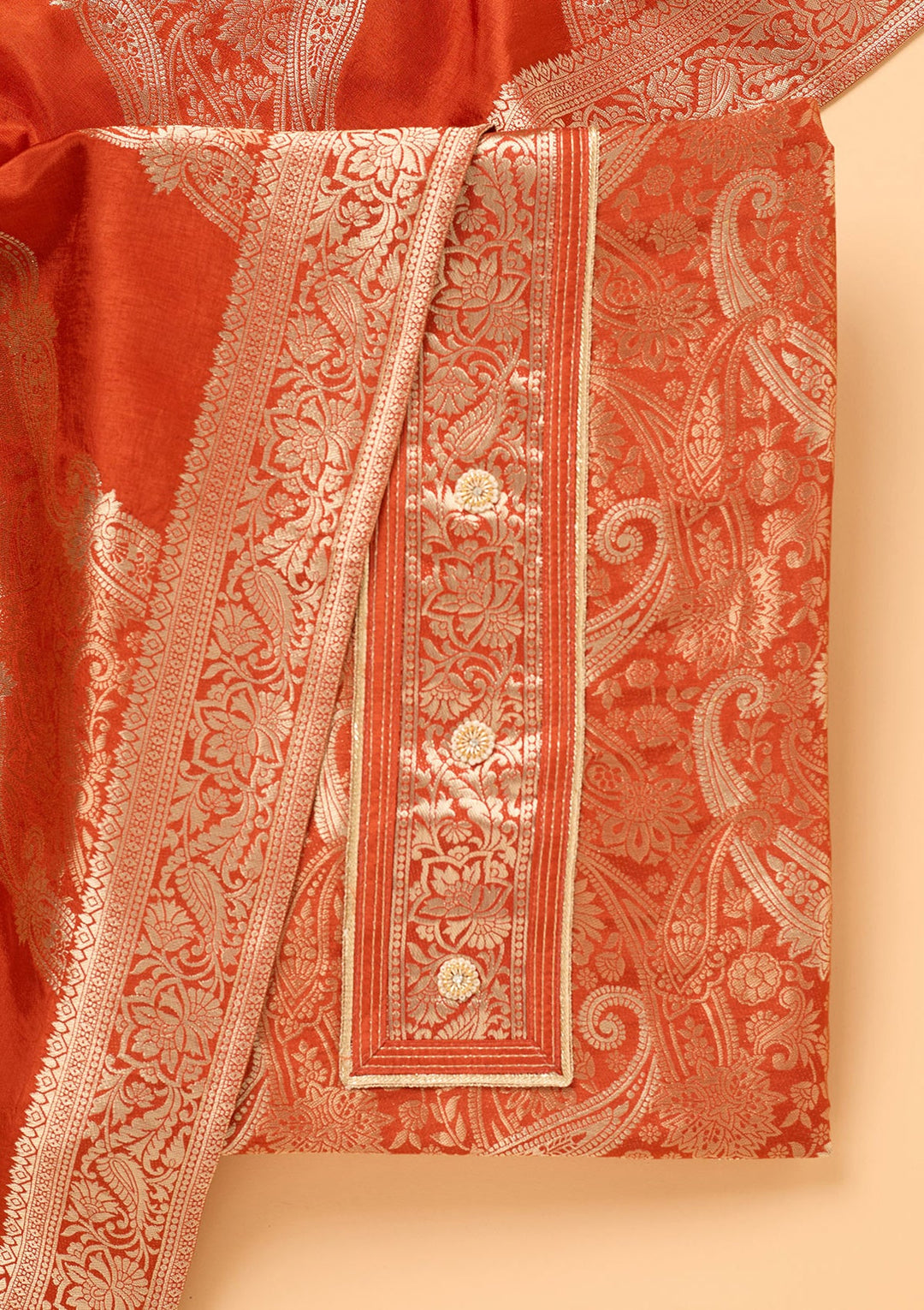 Rust Zariwork (Gold) Dola Silk Unstitched Salwar Suit