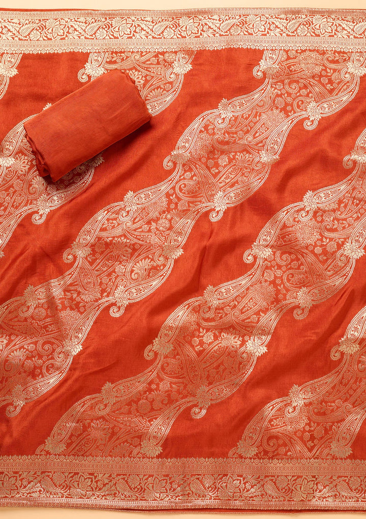 Rust Zariwork (Gold) Dola Silk Unstitched Salwar Suit