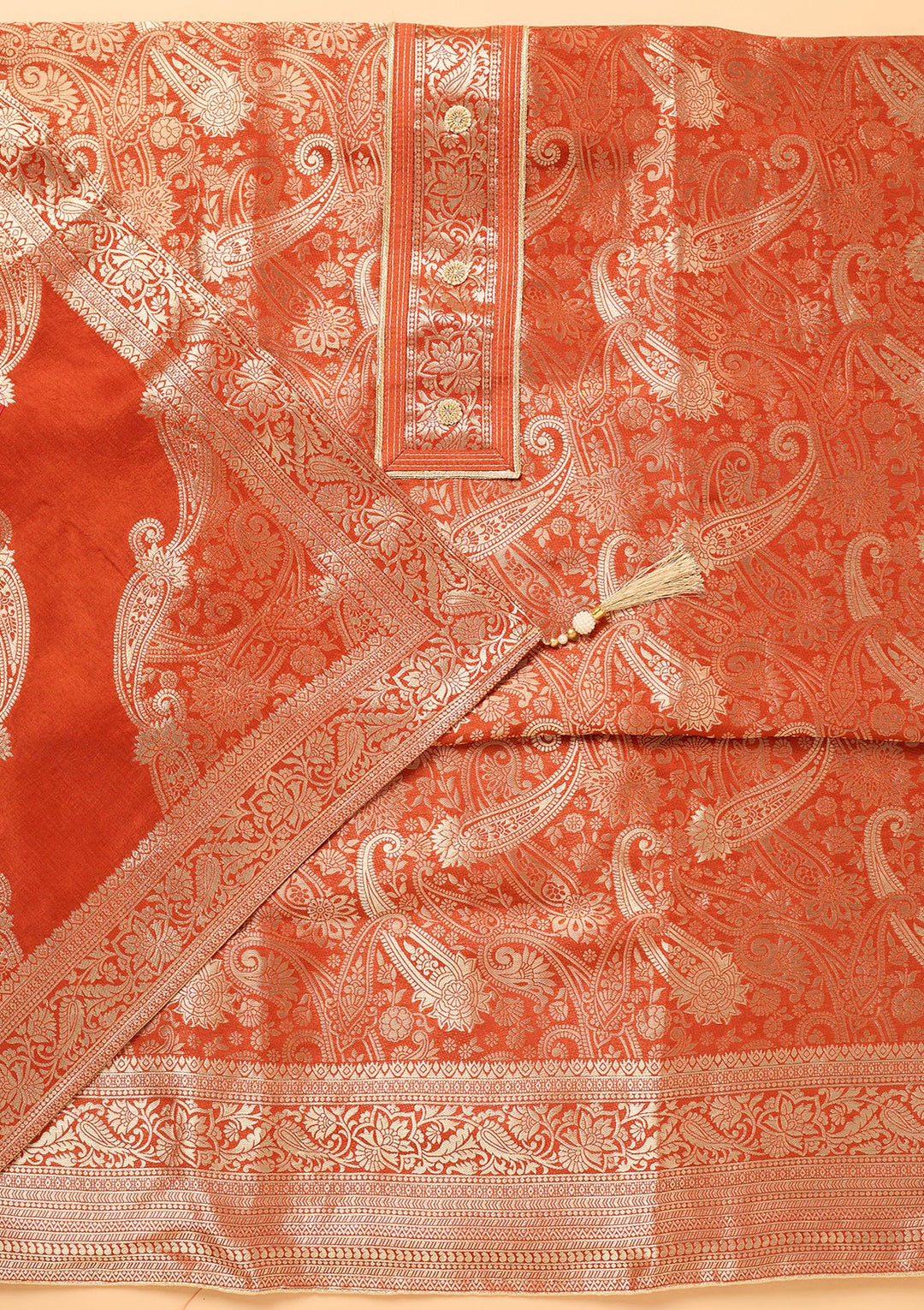 Rust Zariwork (Gold) Dola Silk Unstitched Salwar Suit