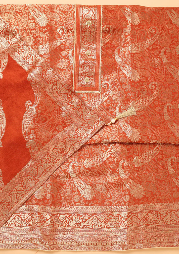 Rust Zariwork (Gold) Dola Silk Unstitched Salwar Suit