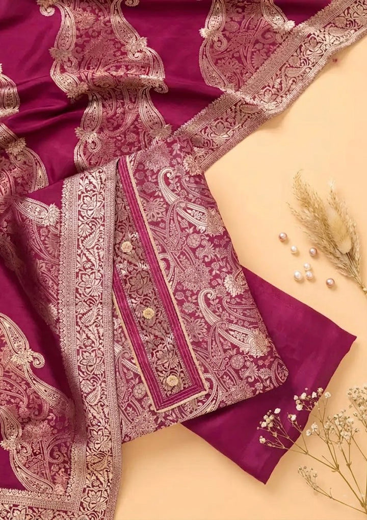Wine Zariwork (Gold) Dola Silk Unstitched Salwar Suit