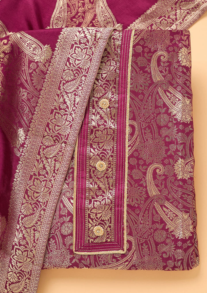 Wine Zariwork (Gold) Dola Silk Unstitched Salwar Suit