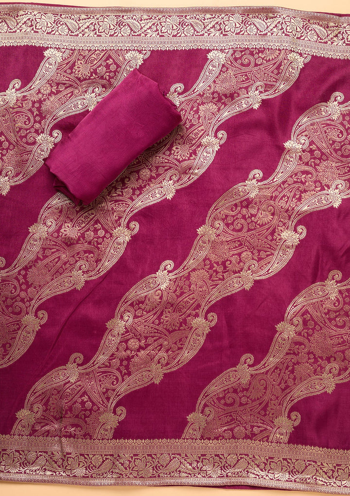 Wine Zariwork (Gold) Dola Silk Unstitched Salwar Suit