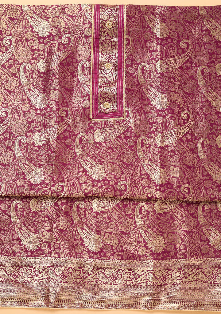 Wine Zariwork (Gold) Dola Silk Unstitched Salwar Suit