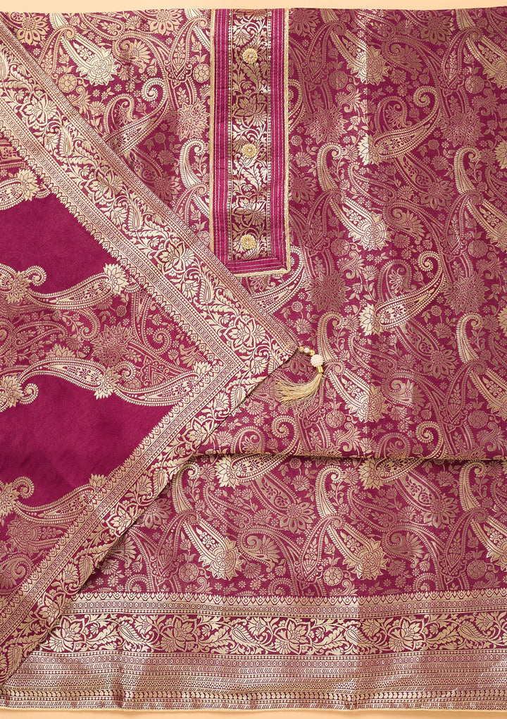 Wine Zariwork (Gold) Dola Silk Unstitched Salwar Suit