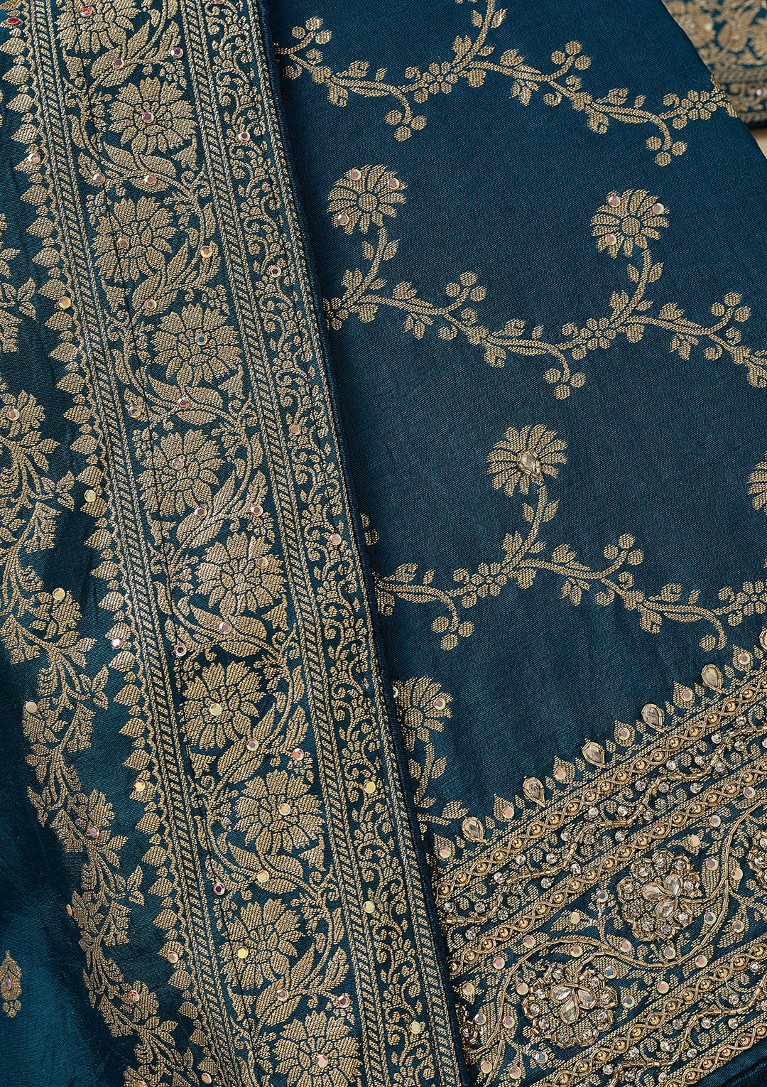 Peacock Blue Dola Silk Gold Zariwork Unstitched Dress Material With Matching Bottom And Dupatta