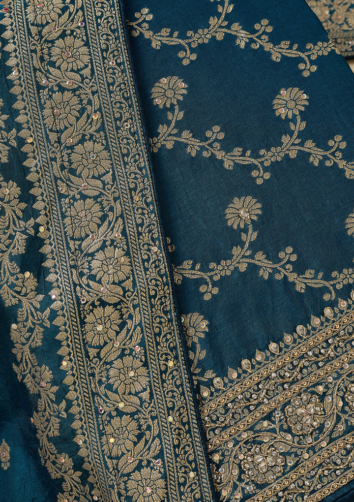 Peacock Blue Dola Silk Gold Zariwork Unstitched Dress Material With Matching Bottom And Dupatta