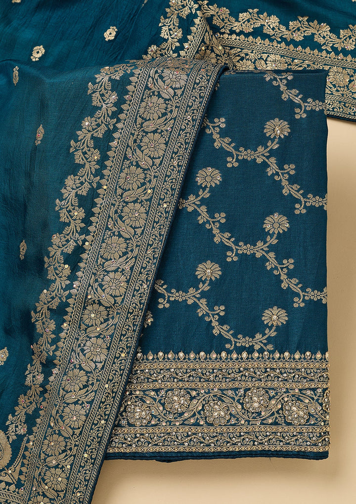 Peacock Blue Dola Silk Gold Zariwork Unstitched Dress Material With Matching Bottom And Dupatta
