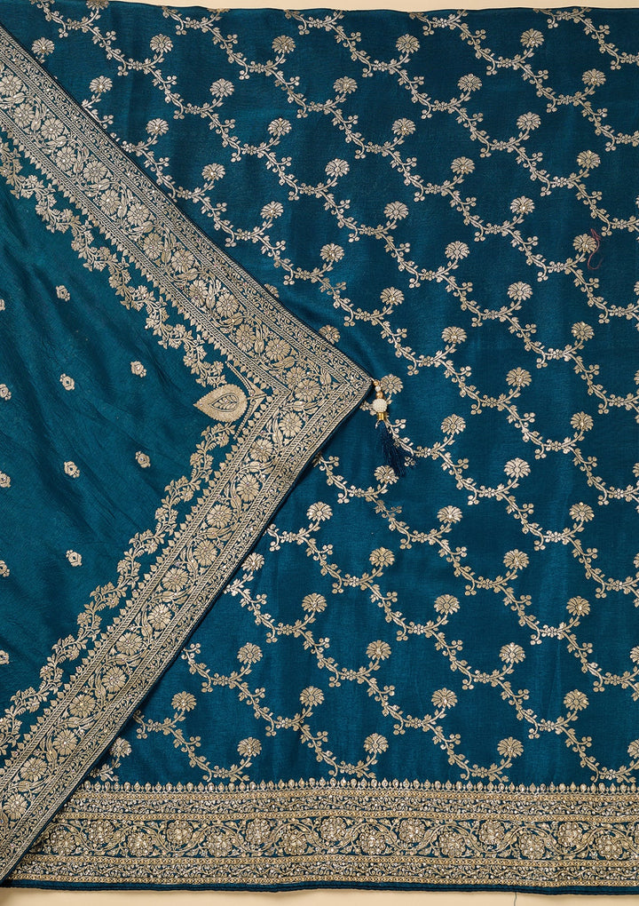 Peacock Blue Dola Silk Gold Zariwork Unstitched Dress Material With Matching Bottom And Dupatta