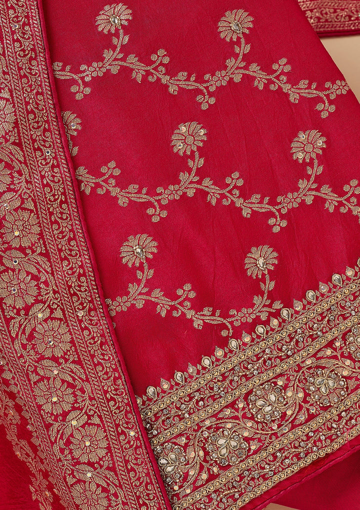 Rani Pink Dola Silk Gold Zariwork Unstitched Dress Material With Matching Bottom And Dupatta