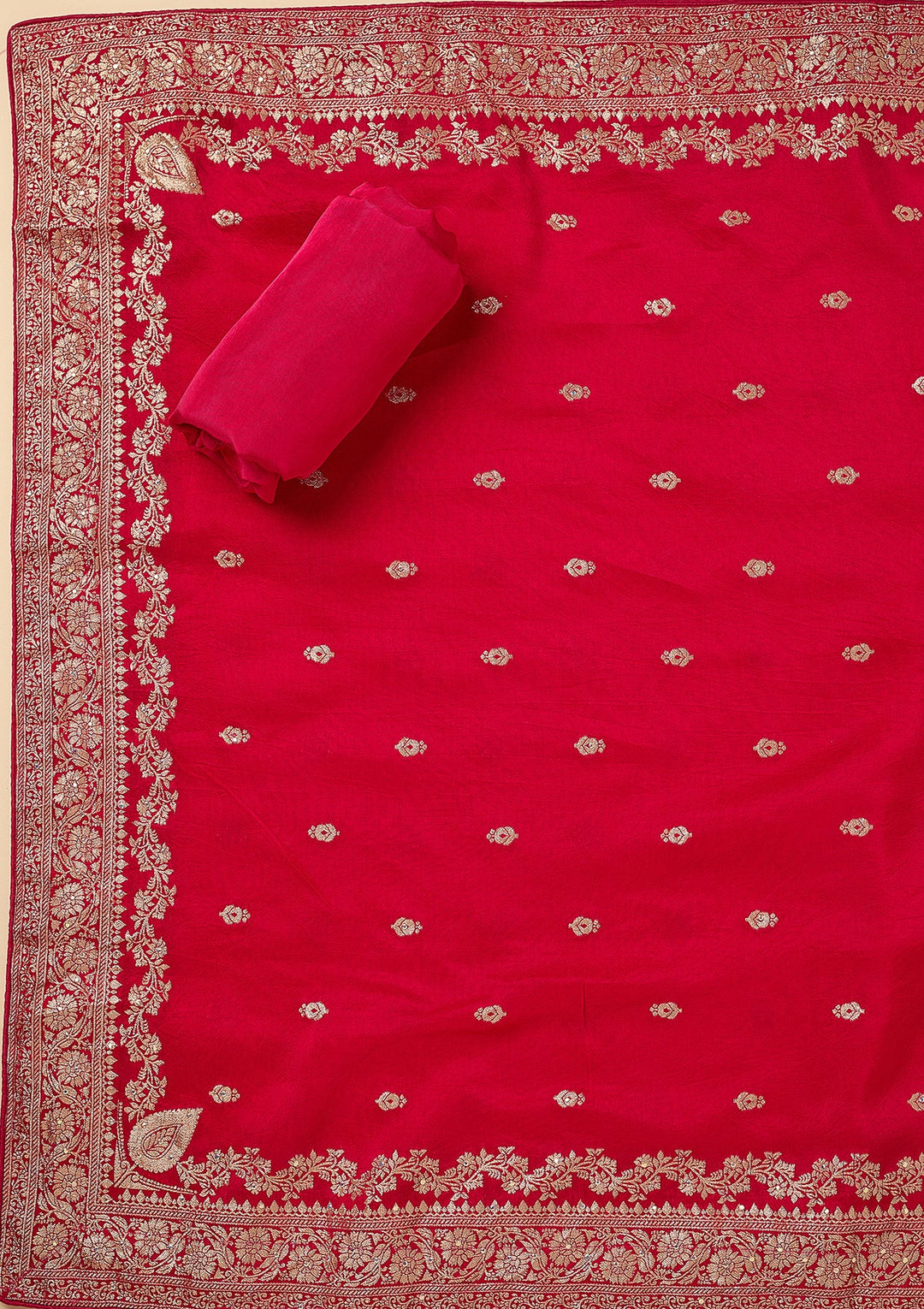 Rani Pink Dola Silk Gold Zariwork Unstitched Dress Material With Matching Bottom And Dupatta