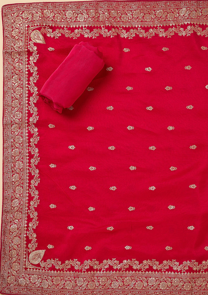 Rani Pink Dola Silk Gold Zariwork Unstitched Dress Material With Matching Bottom And Dupatta