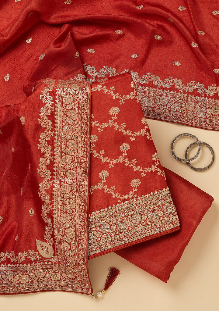 Rust Dola Silk Gold Zariwork Unstitched Dress Material With Matching Bottom And Dupatta
