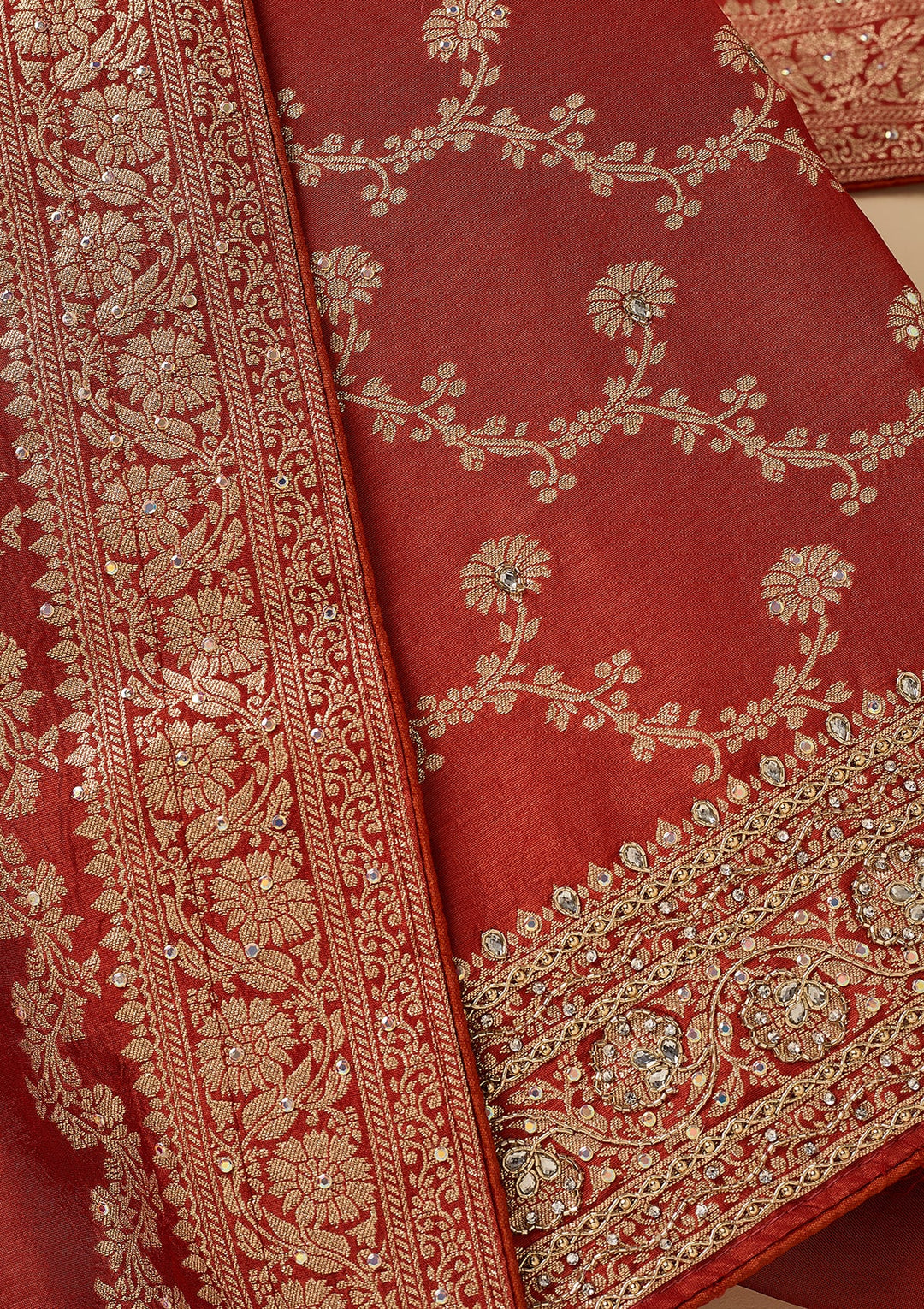 Rust Dola Silk Gold Zariwork Unstitched Dress Material With Matching Bottom And Dupatta