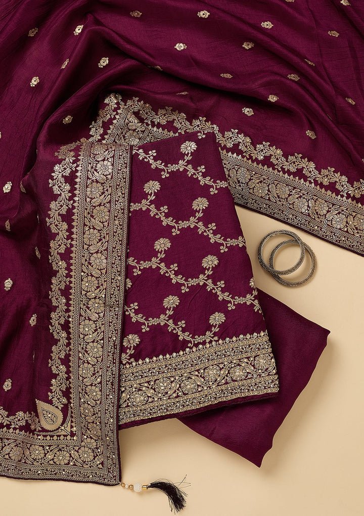 Wine Dola Silk Gold Zariwork Unstitched Dress Material With Matching Bottom And Dupatta