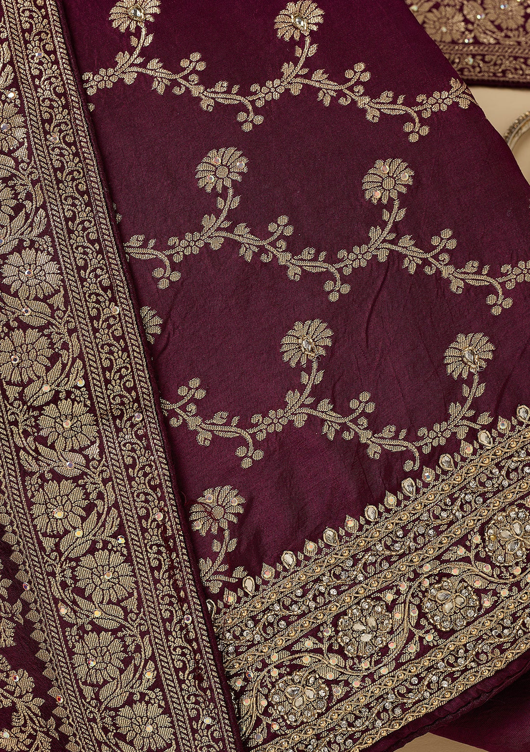Wine Dola Silk Gold Zariwork Unstitched Dress Material With Matching Bottom And Dupatta