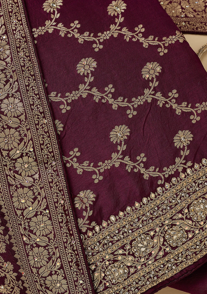 Wine Dola Silk Gold Zariwork Unstitched Dress Material With Matching Bottom And Dupatta