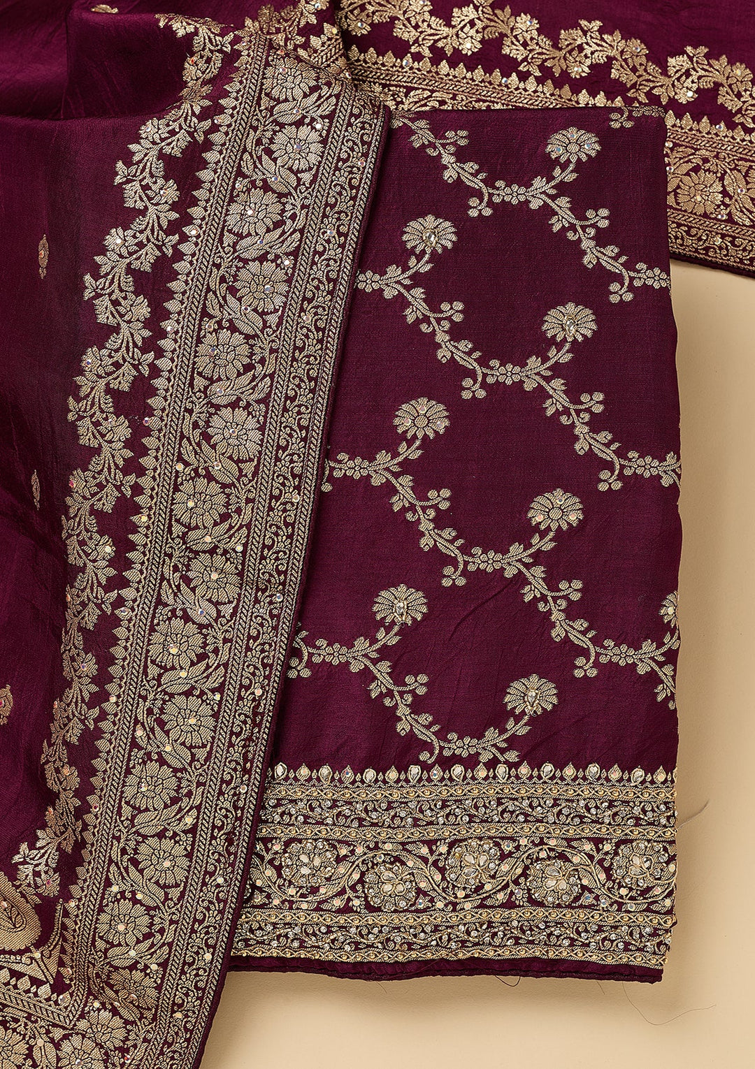 Wine Dola Silk Gold Zariwork Unstitched Dress Material With Matching Bottom And Dupatta
