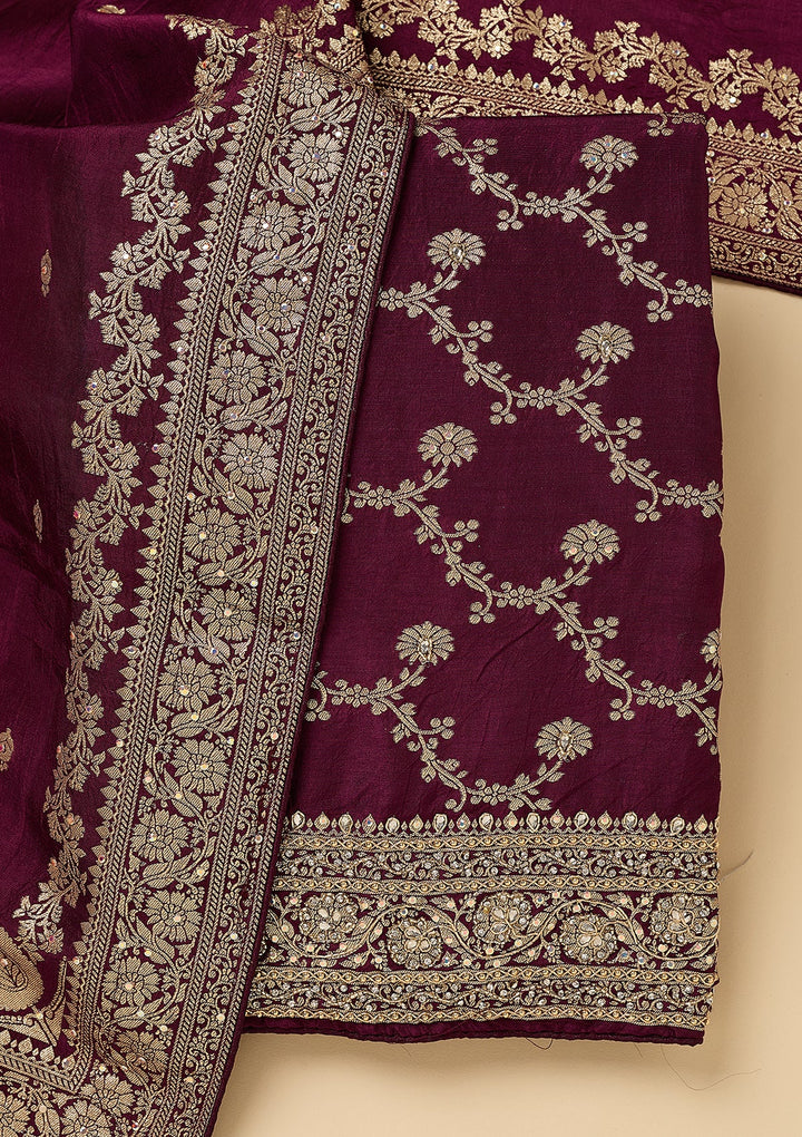 Wine Dola Silk Gold Zariwork Unstitched Dress Material With Matching Bottom And Dupatta