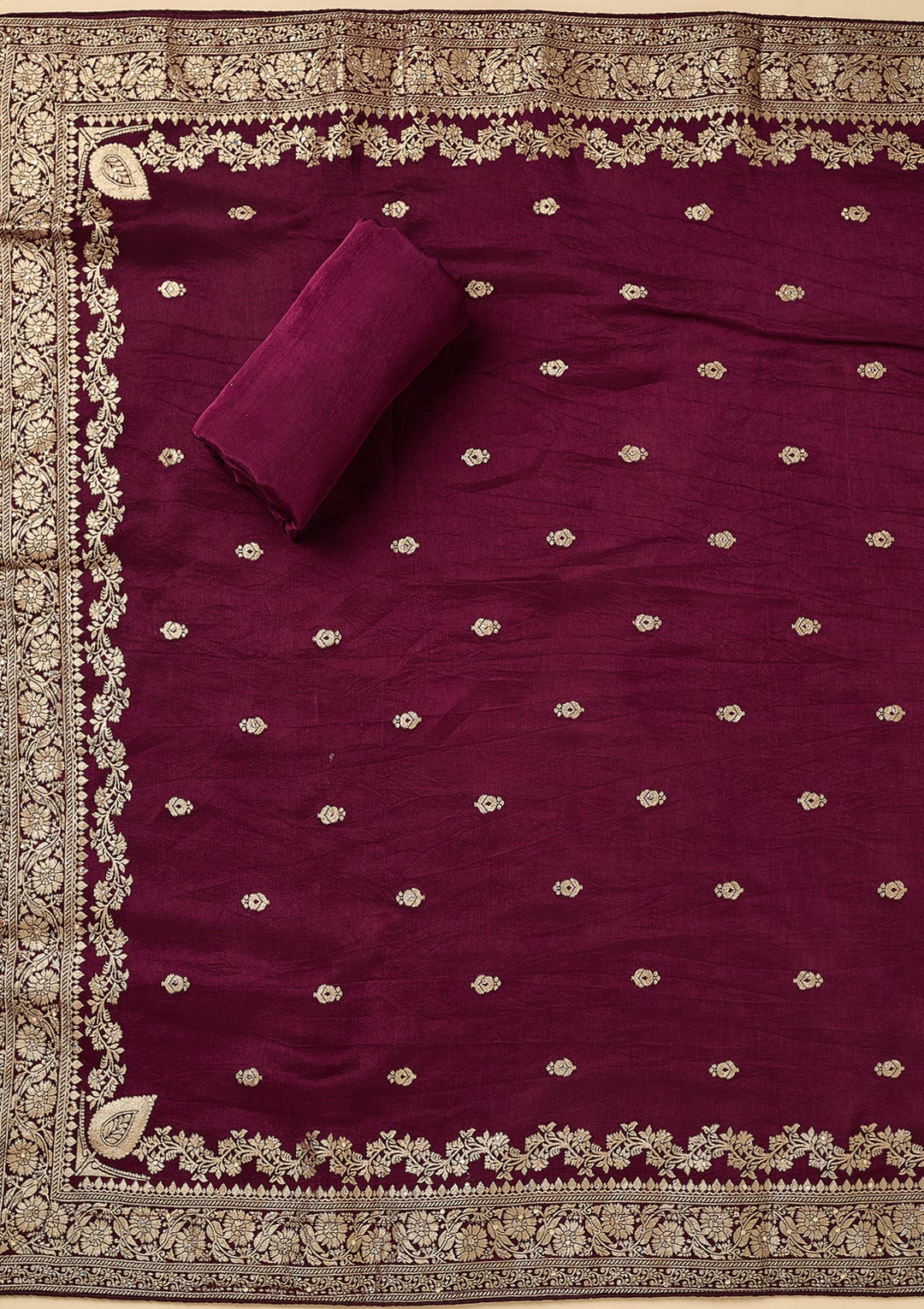 Wine Dola Silk Gold Zariwork Unstitched Dress Material With Matching Bottom And Dupatta