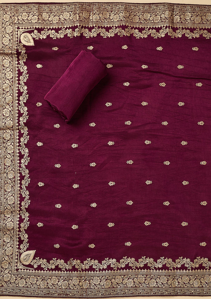 Wine Dola Silk Gold Zariwork Unstitched Dress Material With Matching Bottom And Dupatta