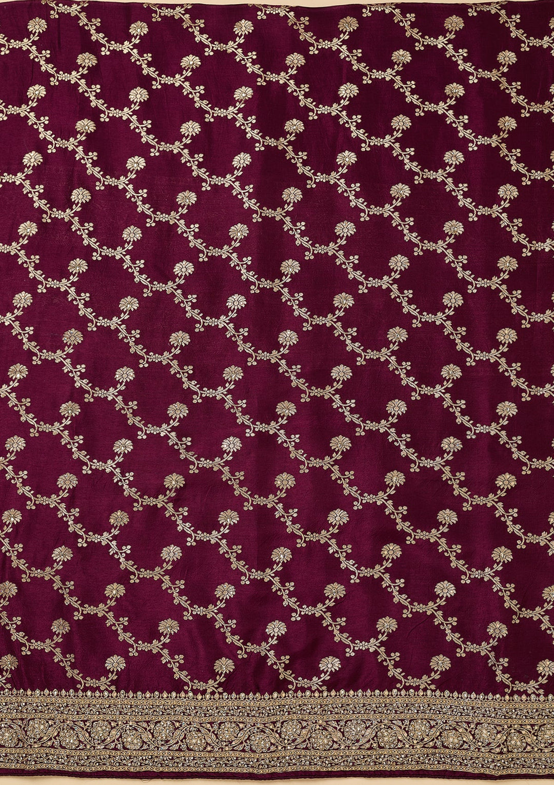 Wine Dola Silk Gold Zariwork Unstitched Dress Material With Matching Bottom And Dupatta