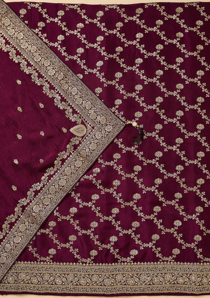 Wine Dola Silk Gold Zariwork Unstitched Dress Material With Matching Bottom And Dupatta