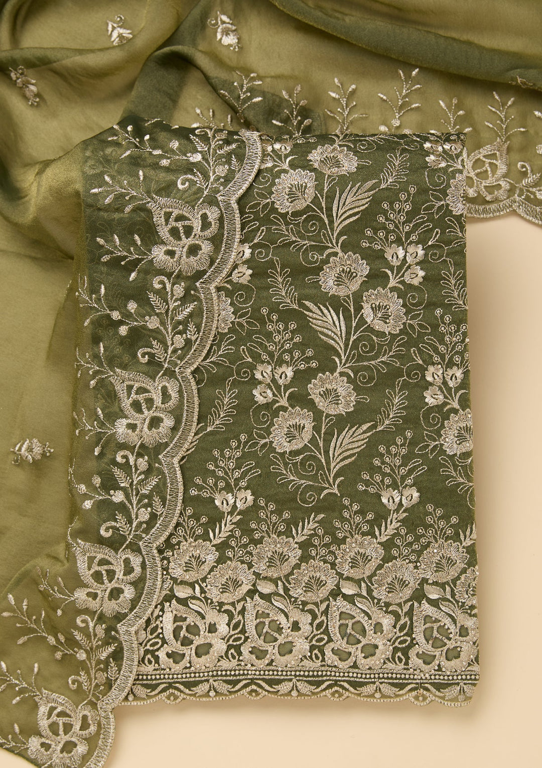 Mehendi Green Zariwork (Gold) Tissue Unstitched Salwar Suit