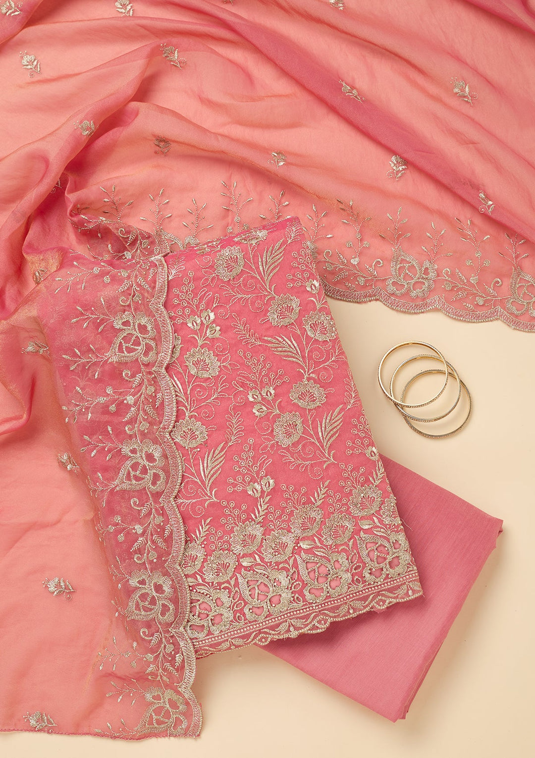 Onion Pink Zariwork (Gold) Tissue Unstitched Salwar Suit