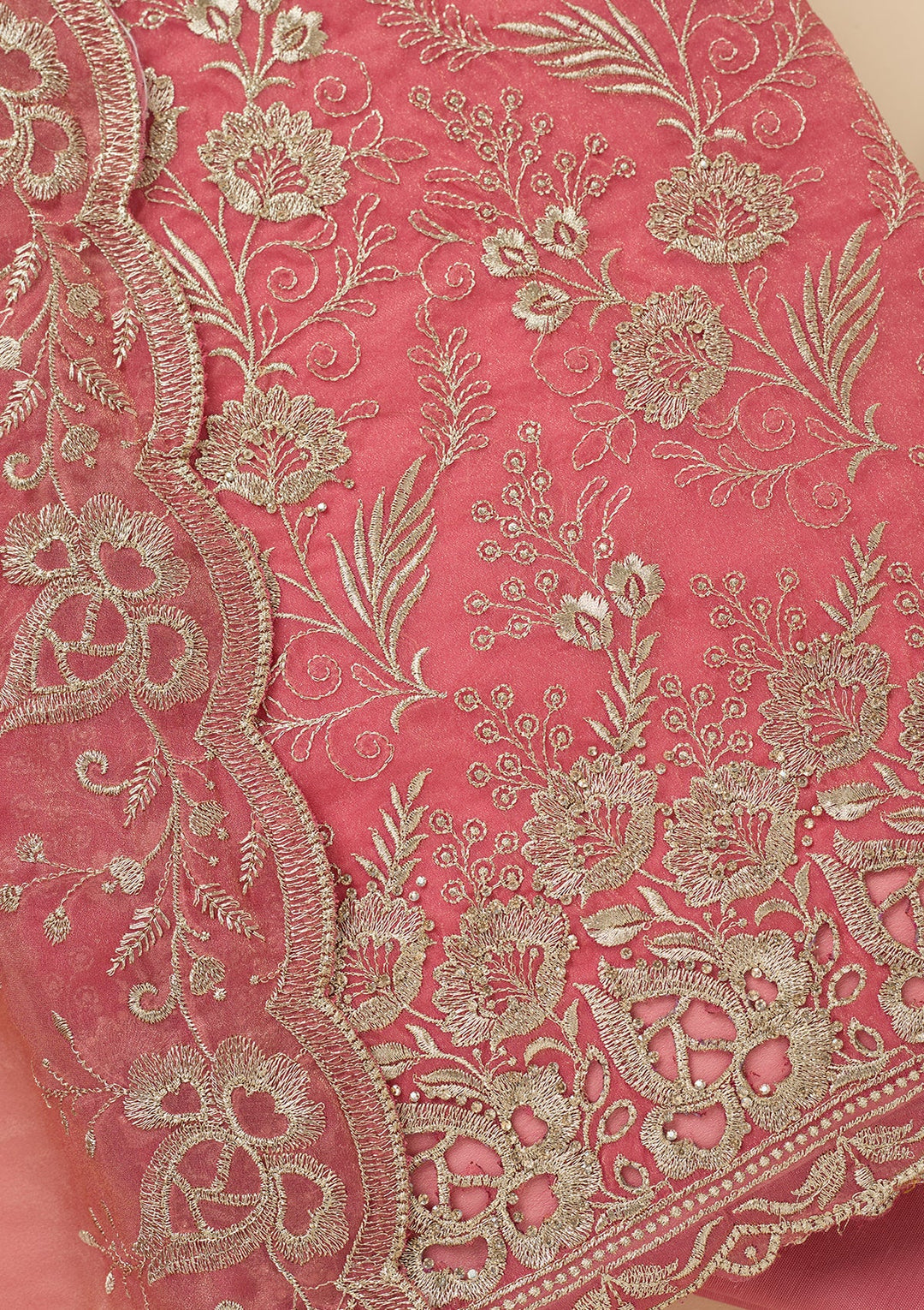 Onion Pink Zariwork (Gold) Tissue Unstitched Salwar Suit