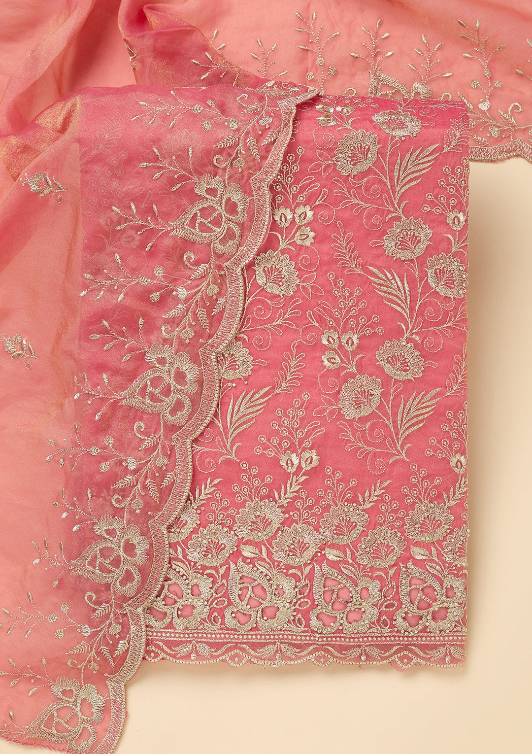 Onion Pink Zariwork (Gold) Tissue Unstitched Salwar Suit