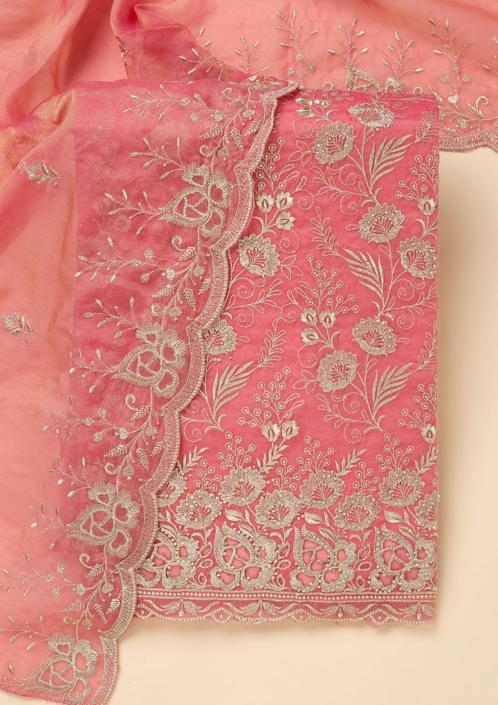 Onion Pink Zariwork (Gold) Tissue Unstitched Salwar Suit