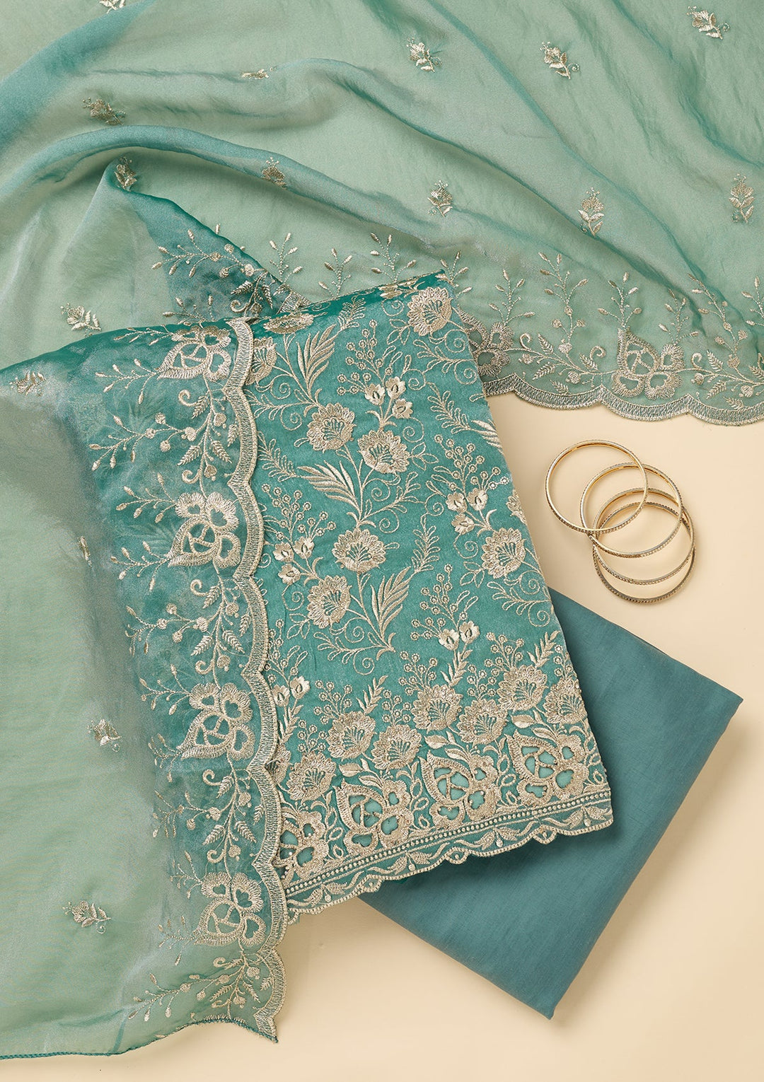Sea Green Zariwork (Gold) Tissue Unstitched Salwar Suit