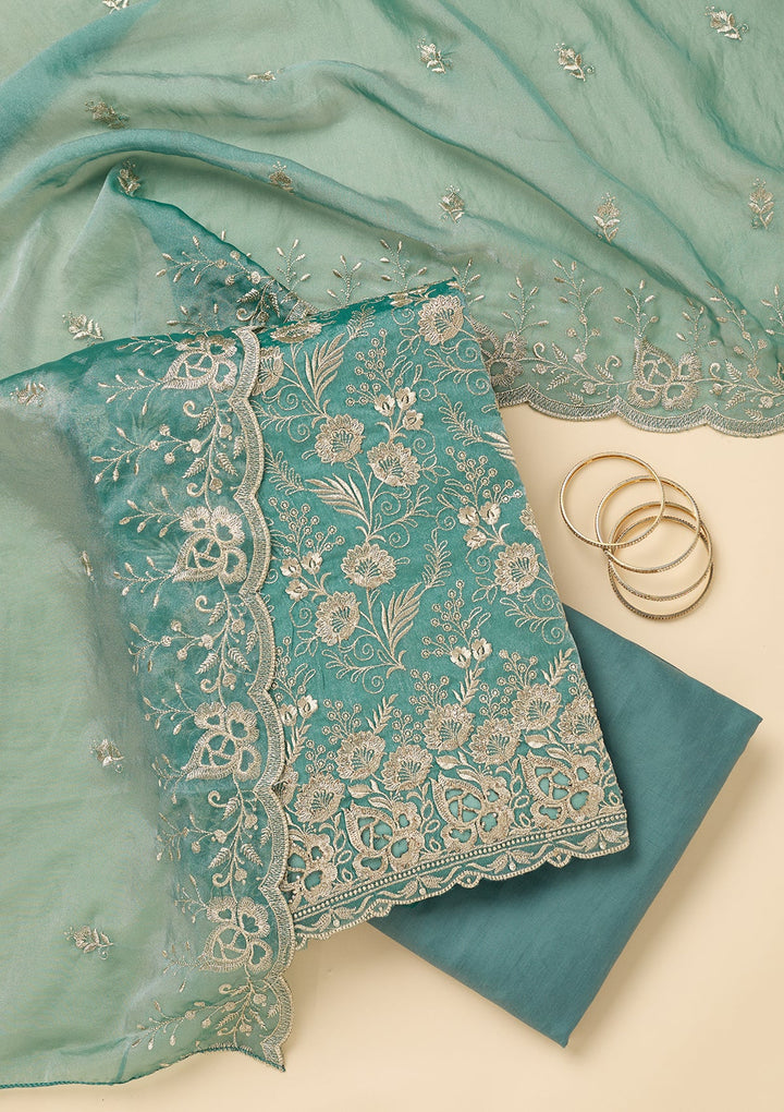 Sea Green Zariwork (Gold) Tissue Unstitched Salwar Suit