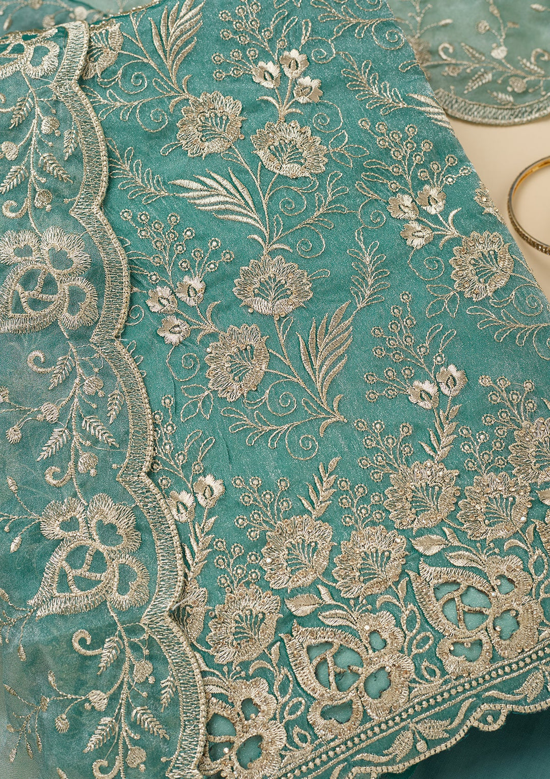 Sea Green Zariwork (Gold) Tissue Unstitched Salwar Suit